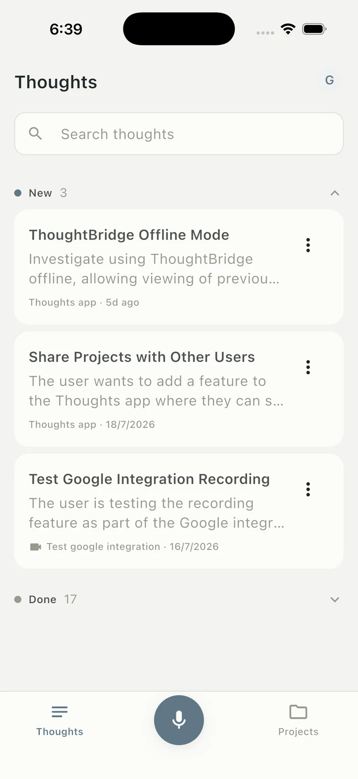 The Thoughts screen on iPhone — captured thoughts grouped by status